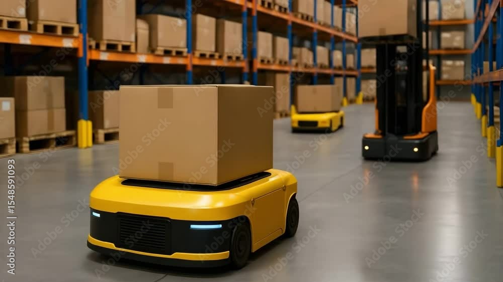 Poster robotics transport goods within an expansive warehouse, optimizing processes and ensuring efficient 