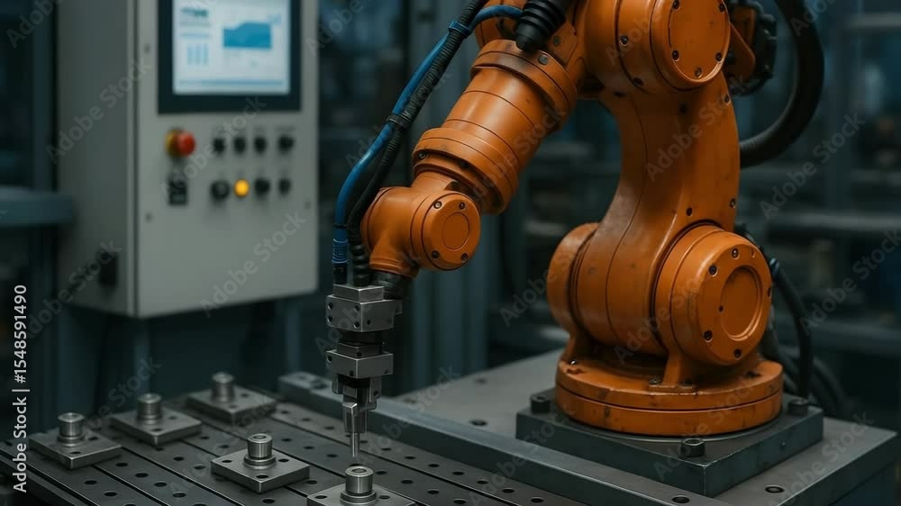 Aufkleber an industrial orange robot arm precisely performs a manufacturing task on a workshop, capturing tech