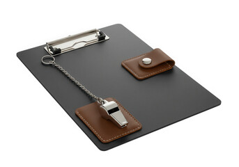 Clipboard with whistle and leather holder isolated on transparent background