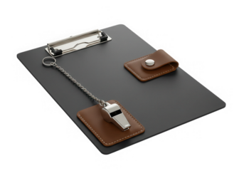 Clipboard with whistle and leather holder isolated on transparent background