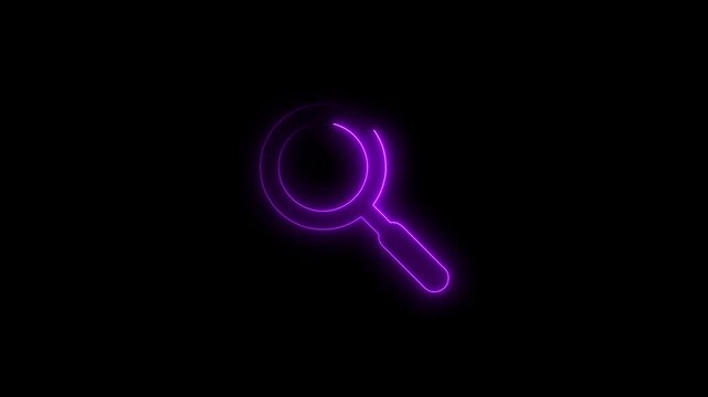 Glowing neon magnifying glass animation.neon sign Magnifying glass zoom icon on black background.