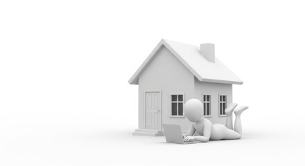 Work from Home: Stick Figure Using Laptop with House