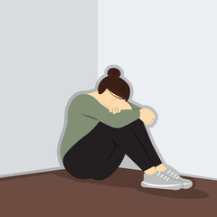 Depressed and sadness young woman crying and sitting on corner floor of room.