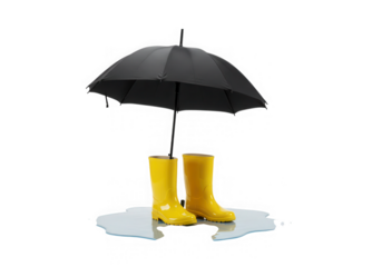 Yellow rain boots with umbrella and puddle isolated on transparent background