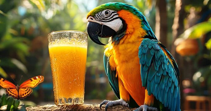 A vibrant blue-and-gold macaw sits on a branch near a glass of orange juice, with a butterfly nearby.