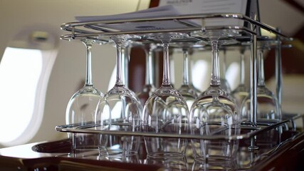 Wine Glasses on Private Jet Table Ready for Service Promoting Luxury Lifestyle and High Class Travel
