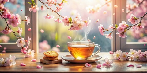 Serene spring teacup and cookies by sunlit window with blossoming cherry branches