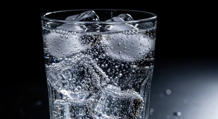 Refreshing Ice Water Drink in Glass with Bubbles Against Black