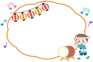 夏祭りで太鼓を叩く子供のフレーム素材イラスト