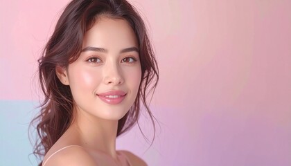 ピンク背景の微笑み美人 / 柔らかな光と透明感 / ナチュラルビューティーの魅力
