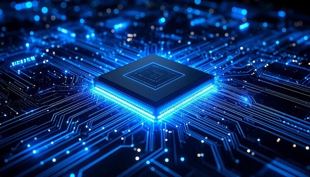 近未来のマイクロチップ / テクノロジーの中心 / 輝く電子回路とプロセッサ