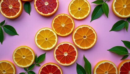 Fototapeta premium Bright citrus slices of oranges and blood oranges arranged on a pink background with green leaves scattered around.