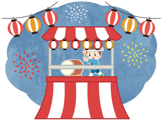 夏祭りで太鼓を叩く子供のイラスト