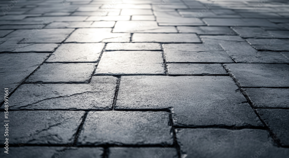 Poster close up view of textured stone pavement with geometric pattern, creating sense of depth and structu