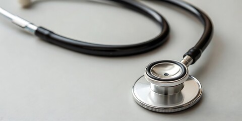 Closeup of a black and silver stethoscope on a gray surface