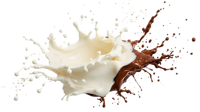 Milk yogurt and chocolate food splatters. Sprays and drops of sweet liquids isolated on a clear grid background.
