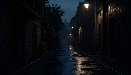 Obraz premium Mysterious Dark Alleyway at Night, Rain-Kissed Cobblestone Street