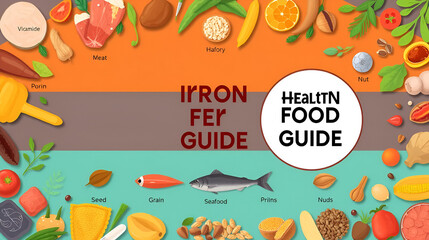 Healthy food guide concept. Vector flat illustration. Infographic of iron fe vitamin sources. Circle frame chart. Colorful meat, fish, seafood, grain, seeds and nuts icon set.