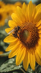 A bee collecting pollen from a vibrant yellow sunflower in a field on a sunny day in the summer season