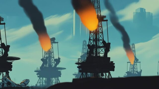 Futuristic oil rigs silhouette landscape graphic design illustration