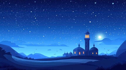 A serene, starry night landscape with a mosque.