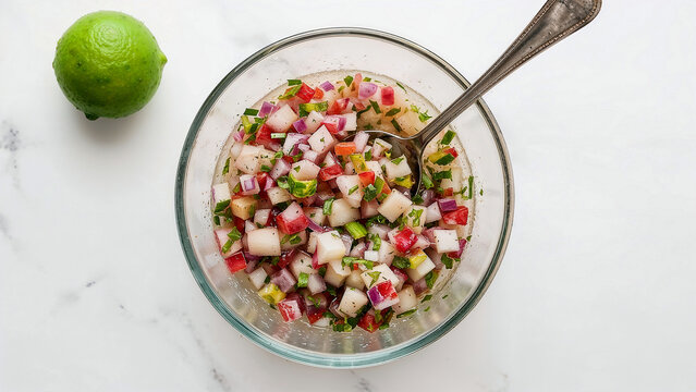 Ceviche in glass bowl with lime.