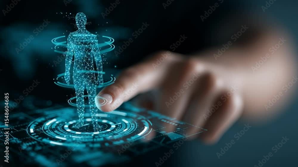 Poster human hologram projection with digital interface and interactive technology concept for modern innov