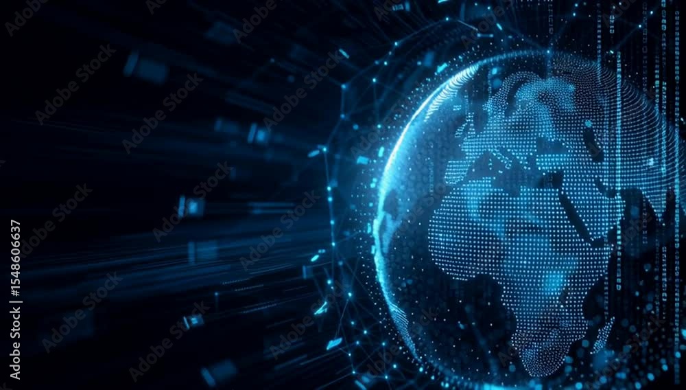 Poster digital technology background with a globe and data connections, in a dark blue color scheme, and di