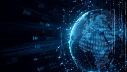 Digital technology background with a globe and data connections, in a dark blue color scheme, and digital code on the right side of the screen Generative AI - Powered by Adobe