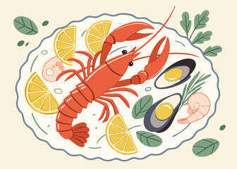 Delicious Seafood Platter Lobster, Shrimp, Mussels & Lemon