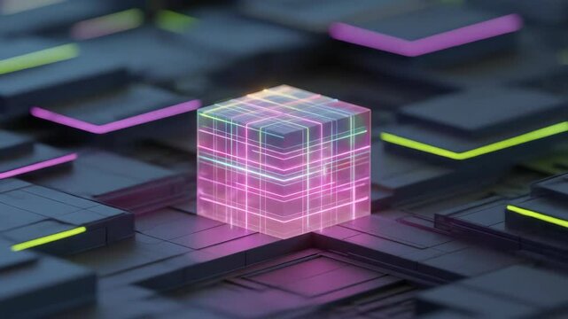 High tech transparent cube on futuristic circuit board design illustration