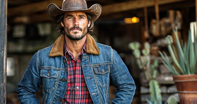 A handsome man wearing a denim jacket, plaid shirt, cowboy hat, and belt stands outdoors.