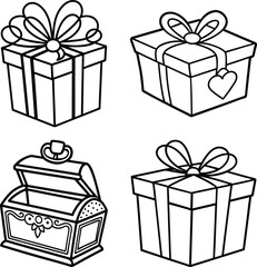 Gift box icons set. Surprising gift box symbol. Present gift box tied signs. Christmas, birthday, valentine, open, sparkle, wedding event, party, celebration, achievement success vector illustration
