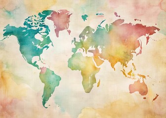 Obraz premium Watercolor world map in pastel shades with subtle texture and gentle folds