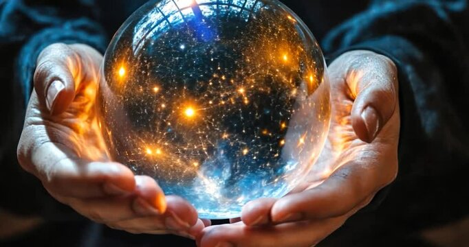 Hands holding a glowing crystal ball filled with stars.