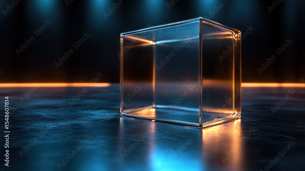 Poster transparent cube on a dark stage with neon lighting. possible use for product display