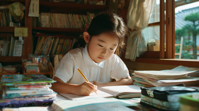 Female elementary school student working hard on her summer vacation homework