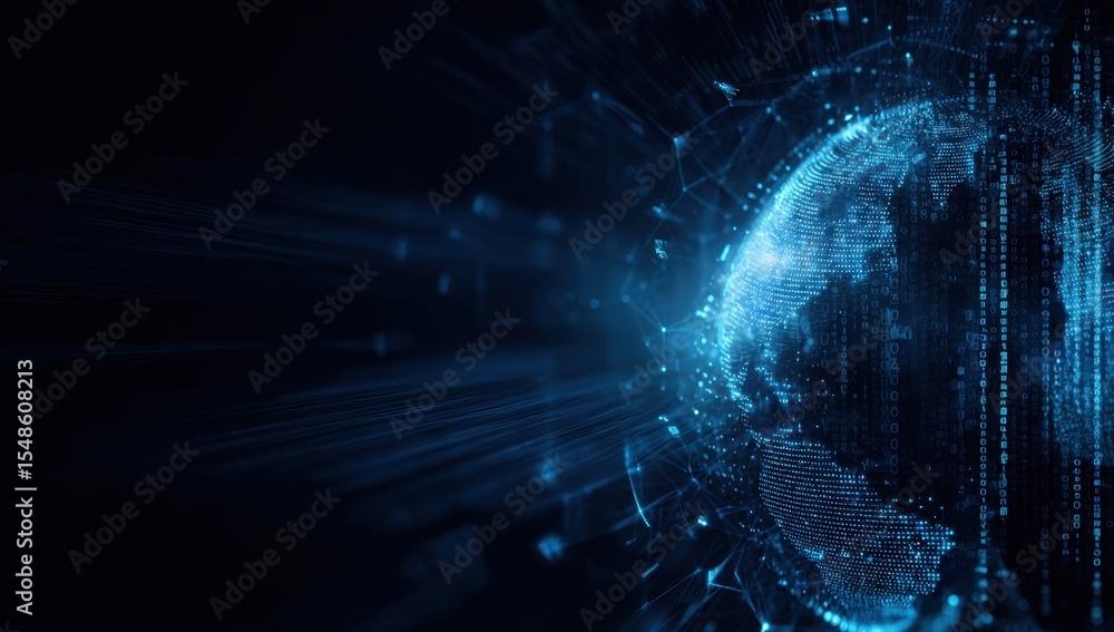 Poster digital technology background with a globe and data connections, in a dark blue color scheme, and di