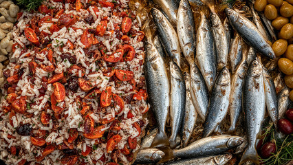 Chilled anchovies and sardines garnished with olives and herbs