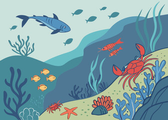 Fototapeta premium Vibrant Underwater Scene Ocean Life Illustration