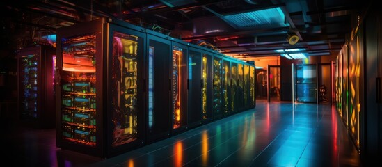 An AI-generated image of a server room shows rows of server racks with colorful lights.
