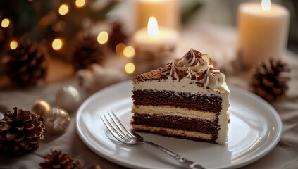 A slice of delicious chocolate cake placed on a table decorated with pine cones and burning candles, against a warm, festive backdrop of soft bokeh lights.