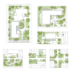 Gardinen Weiß Architectural drawings in minimal style, including top-view elements of people in outdoor park scenes for landscape and site planning..  © Mahfuz