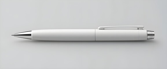 Minimalist White Ballpoint Pen with Silver Accents on White Background