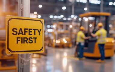 Safety First sign in a factory with blurred workers in the background