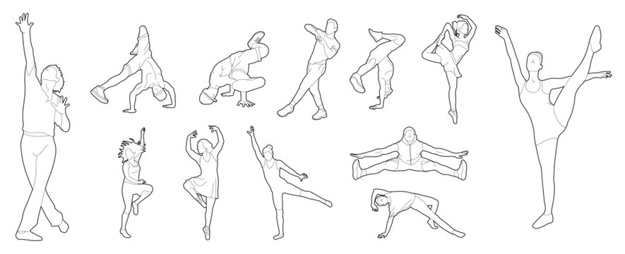 Set of dance shapes of people dancing in lines with varying thicknesses in editable vector cad
