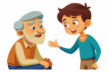 Cartoon illustration of a cheerful grandfather and grandson happily talking and bonding over a basketball. Family love, generation connection