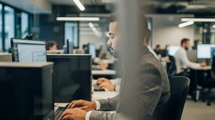Office worker working in support sits in front of the computer and processing data in corporate office environment