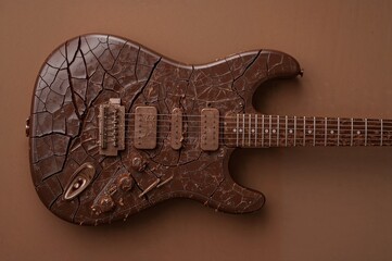 Cracked Chocolate Electric Guitar on Brown Background