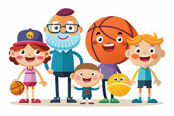 Cartoon illustration of a cheerful grandfather and grandson happily talking and bonding over a basketball. Family love, generation connection